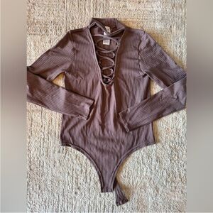 Long Sleeve Ribbed Bodysuit with Lace-Up Front